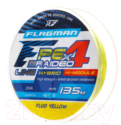Леска плетеная Flagman Fishing PE Hybrid F4 135m FluoYellow 0.10мм 4.6кг/10lb / 27135-010 - фото