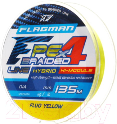 Леска плетеная Flagman Fishing PE Hybrid F4 135m FluoYellow 0.14mm 7.7кг/17lbг / 27135-014 - фото
