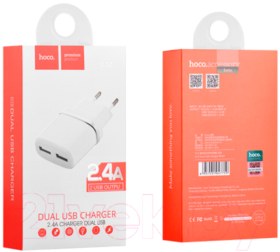 Адаптер питания сетевой Hoco C12 2хUSB-A 5V 2.4A 12W