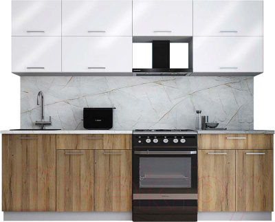 Кухонный гарнитур Интерлиния Мила Gloss 60-25 (белый глянец/дуб вотан/травертин серый) - фото