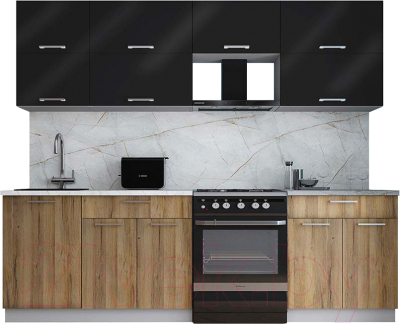 Кухонный гарнитур Интерлиния Мила Gloss 60-25 (черный глянец/дуб вотан/травертин серый) - фото
