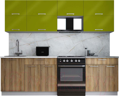 Кухонный гарнитур Интерлиния Мила Gloss 60-25 (яблоко глянец/дуб вотан/травертин серый) - фото