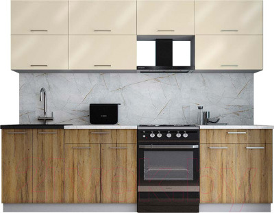 Кухонный гарнитур Интерлиния Мила Gloss 60-26 (ваниль глянец/дуб вотан/травертин серый) - фото