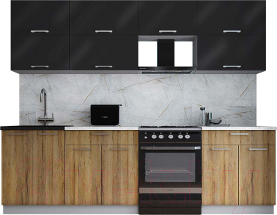 Кухонный гарнитур Интерлиния Мила Gloss 60-26 (черный глянец/дуб вотан/травертин серый) - фото