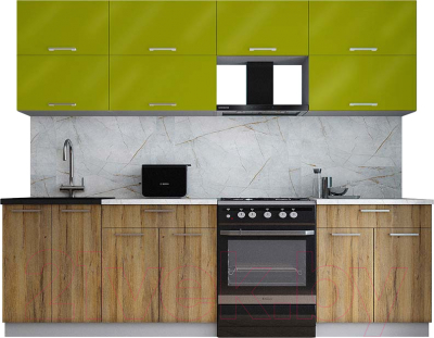 Кухонный гарнитур Интерлиния Мила Gloss 60-26 (яблоко глянец/дуб вотан/травертин серый) - фото