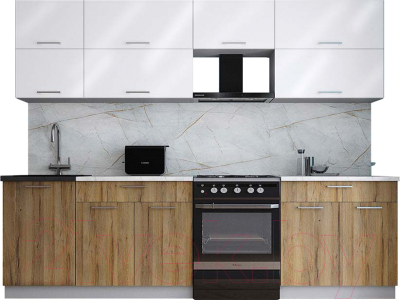 Кухонный гарнитур Интерлиния Мила Gloss 60-27 (белый глянец/дуб вотан/травертин серый) - фото