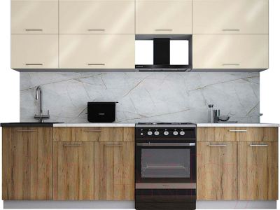 Кухонный гарнитур Интерлиния Мила Gloss 60-27 (ваниль глянец/дуб вотан/травертин серый) - фото