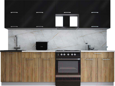 Кухонный гарнитур Интерлиния Мила Gloss 60-27 (черный глянец/дуб вотан/травертин серый) - фото