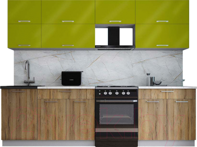 Кухонный гарнитур Интерлиния Мила Gloss 60-27 (яблоко глянец/дуб вотан/травертин серый) - фото