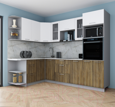 Кухонный гарнитур Интерлиния Мила Gloss 1.68x2.6 левая (белый софт/дуб вотан/травертин серый)