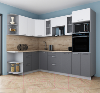 Кухонный гарнитур Интерлиния Мила Gloss 1.68x2.6 левая (белый софт/серый софт/травертин серый)