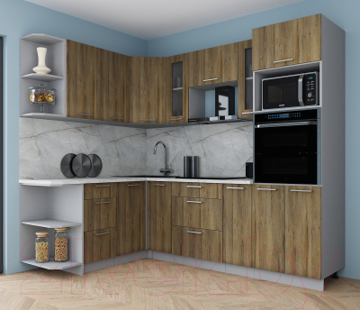 Кухонный гарнитур Интерлиния Мила Gloss 1.68x2.6 левая (дуб вотан/дуб вотан/травертин серый)