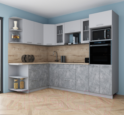 Кухонный гарнитур Интерлиния Мила Gloss 1.68x2.6 левая (пепел софт/керамика/травертин серый)