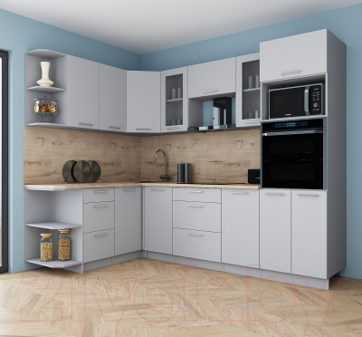 Кухонный гарнитур Интерлиния Мила Gloss 1.68x2.6 левая (пепел софт/пепел софт/травертин серый)