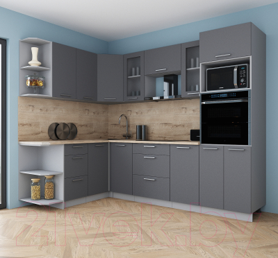 Кухонный гарнитур Интерлиния Мила Gloss 1.68x2.6 левая (серый софт/серый софт/травертин серый)