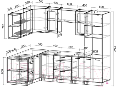 Кухонный гарнитур Интерлиния Мила Gloss 1.68x2.6 левая (яблоко глянец/дуб вотан/травертин серый)