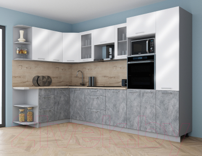 Кухонный гарнитур Интерлиния Мила Gloss 1.68x3.2 левая (белый глянец/керамика/травертин серый)