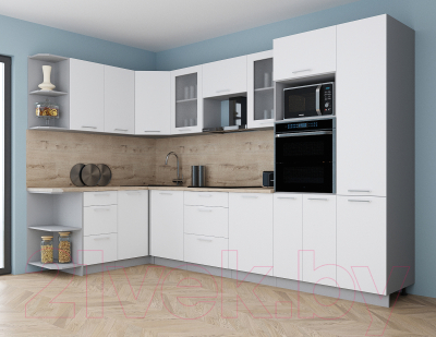 Кухонный гарнитур Интерлиния Мила Gloss 1.68x3.2 левая (белый софт/белый софт/травертин серый)