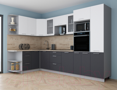 Кухонный гарнитур Интерлиния Мила Gloss 1.68x3.2 левая (белый софт/графит софт/травертин серый)