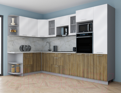 Кухонный гарнитур Интерлиния Мила Gloss 1.68x3.2 левая (белый софт/дуб вотан/травертин серый)