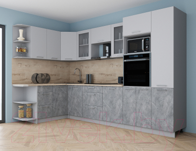 Кухонный гарнитур Интерлиния Мила Gloss 1.68x3.2 левая (пепел софт/керамика/травертин серый)