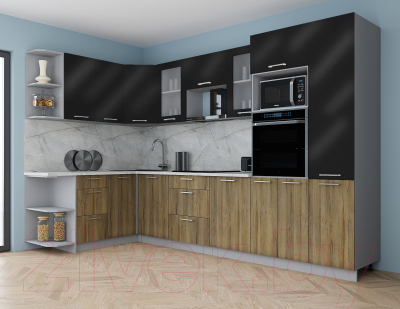 Кухонный гарнитур Интерлиния Мила Gloss 1.68x3.2 левая (черный глянец/дуб вотан/травертин серый)