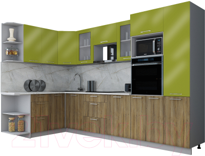 Кухонный гарнитур Интерлиния Мила Gloss 1.68x3.2 левая (яблоко глянец/дуб вотан/травертин серый) - фото