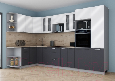 Кухонный гарнитур Интерлиния Мила Gloss 1.68x3.4 левая (белый глянец/графит софт/травертин серый)