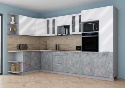 Кухонный гарнитур Интерлиния Мила Gloss 1.68x3.4 левая (белый глянец/керамика/травертин серый)