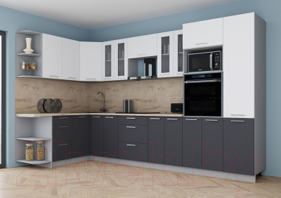 Кухонный гарнитур Интерлиния Мила Gloss 1.68x3.4 левая (белый софт/графит софт/травертин серый)