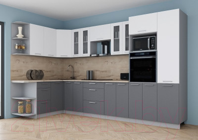 Кухонный гарнитур Интерлиния Мила Gloss 1.68x3.4 левая (белый софт/серый софт/травертин серый)