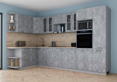 Кухонный гарнитур Интерлиния Мила Gloss 1.68x3.4 левая (керамика/керамика/травертин серый)