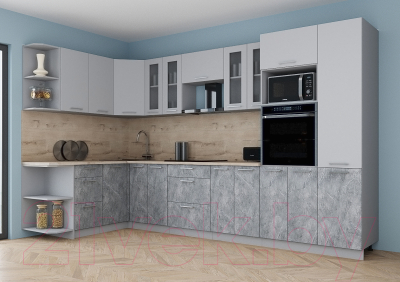 Кухонный гарнитур Интерлиния Мила Gloss 1.68x3.4 левая (пепел софт/керамика/травертин серый)