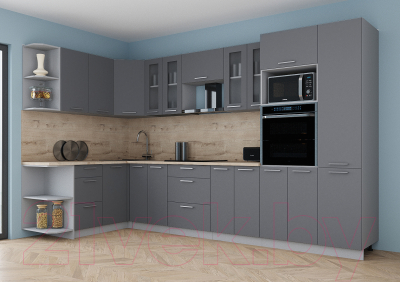 Кухонный гарнитур Интерлиния Мила Gloss 1.68x3.4 левая (серый софт/серый софт/травертин серый)