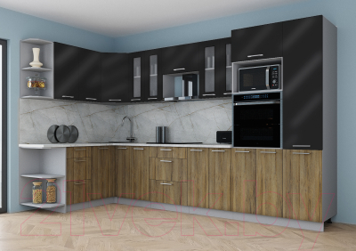 Кухонный гарнитур Интерлиния Мила Gloss 1.68x3.4 левая (черный глянец/дуб вотан/травертин серый)