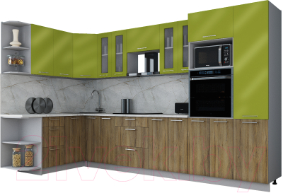 Кухонный гарнитур Интерлиния Мила Gloss 1.68x3.4 левая (яблоко глянец/дуб вотан/травертин серый) - фото