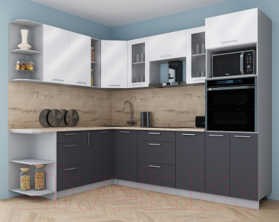 Кухонный гарнитур Интерлиния Мила Gloss 1.88x2.6 левая (белый глянец/графит софт/травертин серый)