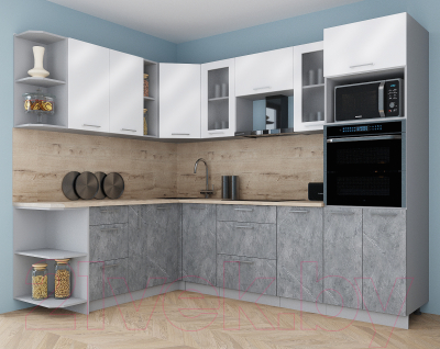 Кухонный гарнитур Интерлиния Мила Gloss 1.88x2.6 левая (белый глянец/керамика/травертин серый)