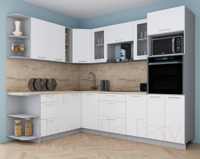 Кухонный гарнитур Интерлиния Мила Gloss 1.88x2.6 левая (белый софт/белый софт/травертин серый)