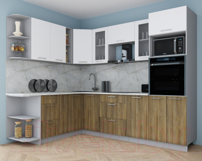 Кухонный гарнитур Интерлиния Мила Gloss 1.88x2.6 левая (белый софт/дуб вотан/травертин серый)