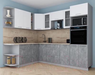 Кухонный гарнитур Интерлиния Мила Gloss 1.88x2.6 левая (белый софт/керамика/травертин серый)