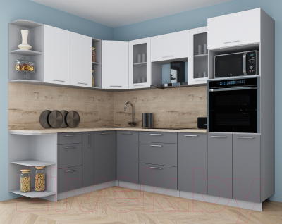 Кухонный гарнитур Интерлиния Мила Gloss 1.88x2.6 левая (белый софт/серый софт/травертин серый)