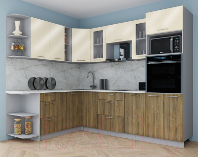 Кухонный гарнитур Интерлиния Мила Gloss 1.88x2.6 левая (ваниль глянец/дуб вотан/травертин серый)