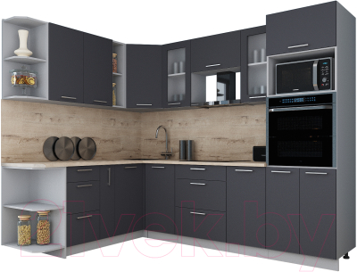 Кухонный гарнитур Интерлиния Мила Gloss 1.88x2.6 левая (графит софт/графит софт/травертин серый) - фото