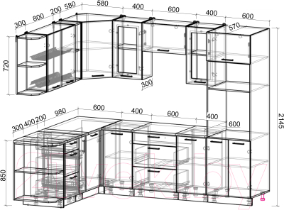 Кухонный гарнитур Интерлиния Мила Gloss 1.88x2.6 левая (графит софт/графит софт/травертин серый)