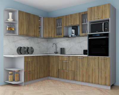 Кухонный гарнитур Интерлиния Мила Gloss 1.88x2.6 левая (дуб вотан/дуб вотан/травертин серый)