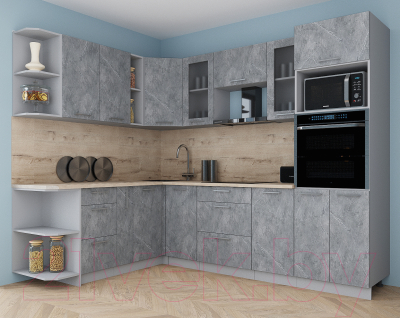 Кухонный гарнитур Интерлиния Мила Gloss 1.88x2.6 левая (керамика/керамика/травертин серый)