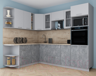 Кухонный гарнитур Интерлиния Мила Gloss 1.88x2.6 левая (пепел софт/керамика/травертин серый)