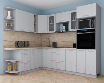 Кухонный гарнитур Интерлиния Мила Gloss 1.88x2.6 левая (пепел софт/пепел софт/травертин серый)