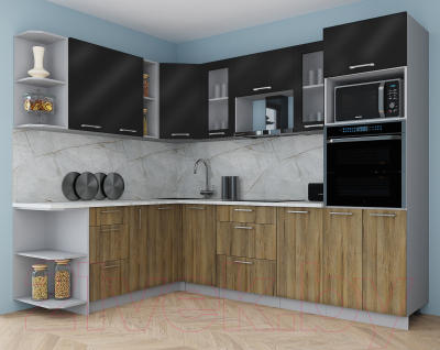 Кухонный гарнитур Интерлиния Мила Gloss 1.88x2.6 левая (черный глянец/дуб вотан/травертин серый)